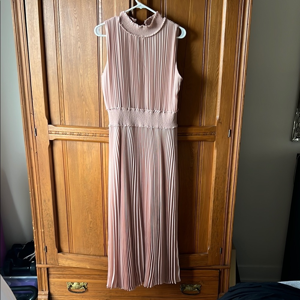 Nanette Lepore Pink Pleated Midi Dress Mock Neck